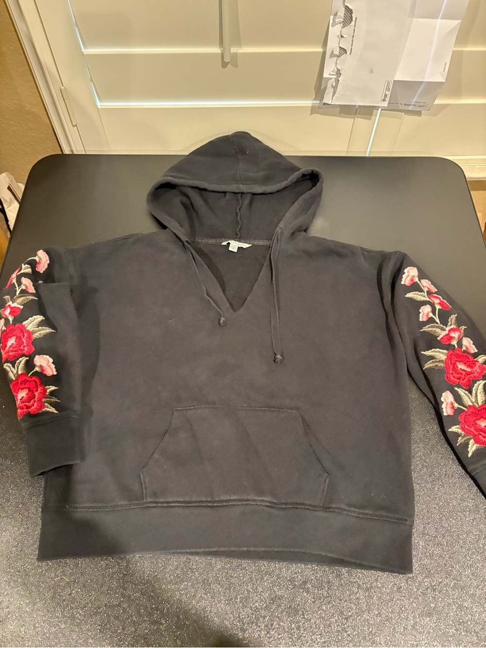 Black Hooded Sweatshirt with Red Rose Embroidery
